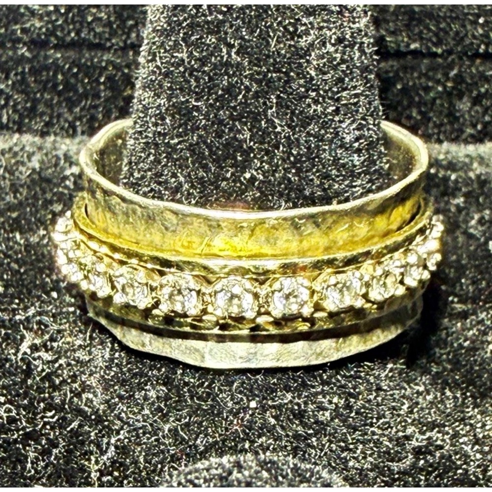 Deaure Sterling Silver 925 Spinner Ring Hammered Mixed Metal CZ Size 10